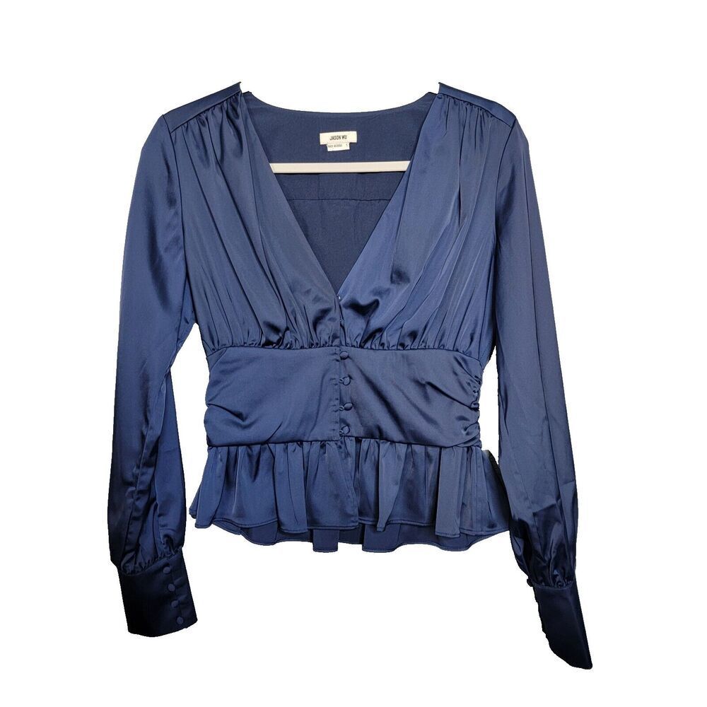 Jason Wu Blouse Small Women's Satin Cinched Waist Peplum Hem Shimmery Blue